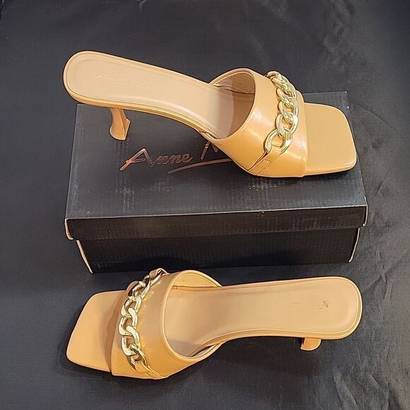 NEW ANNE MICHELLE GOLD CHAIN LINKING SQUARE TOE SANDAL - Picture 13 of 15